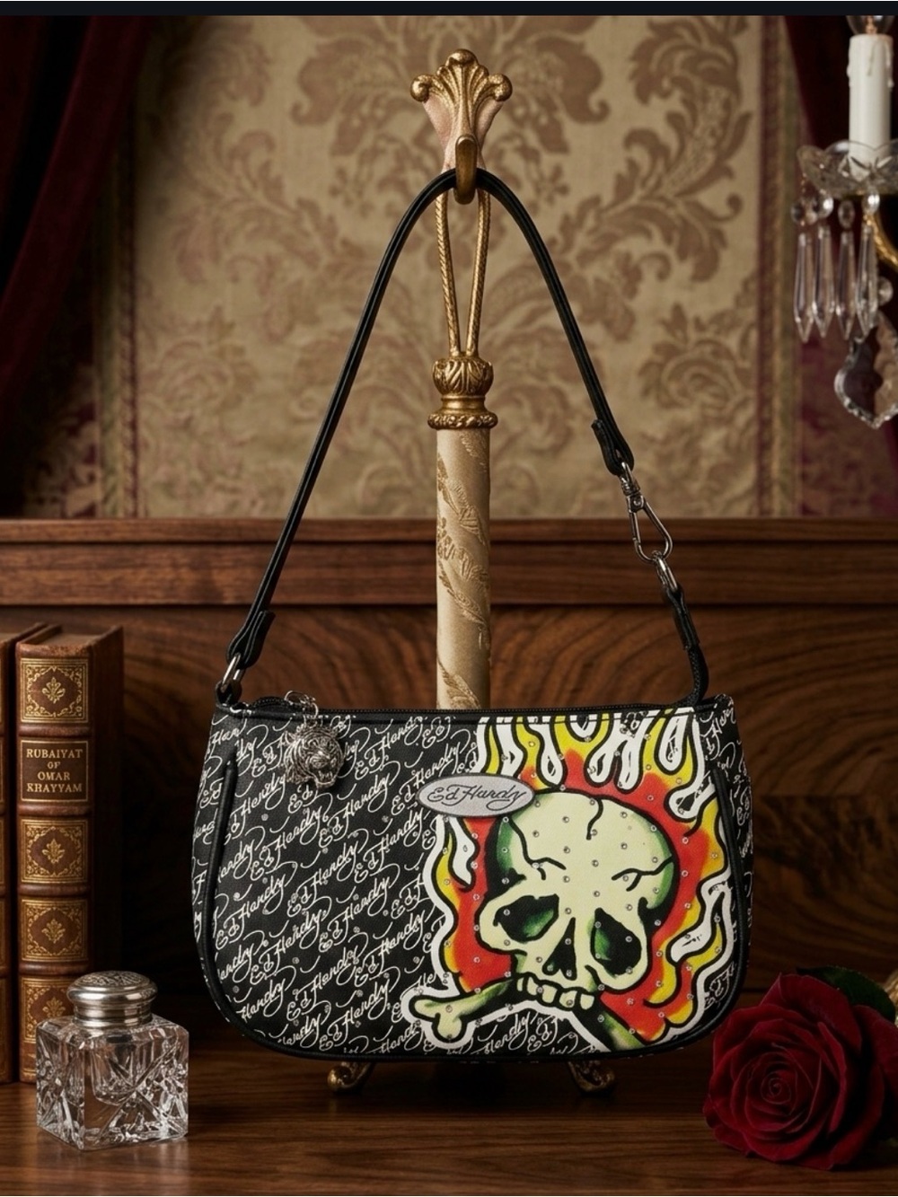 Ed Hardy Black Burning Skull Bone Mini Shoulder Bag Tote with Rhinestones
